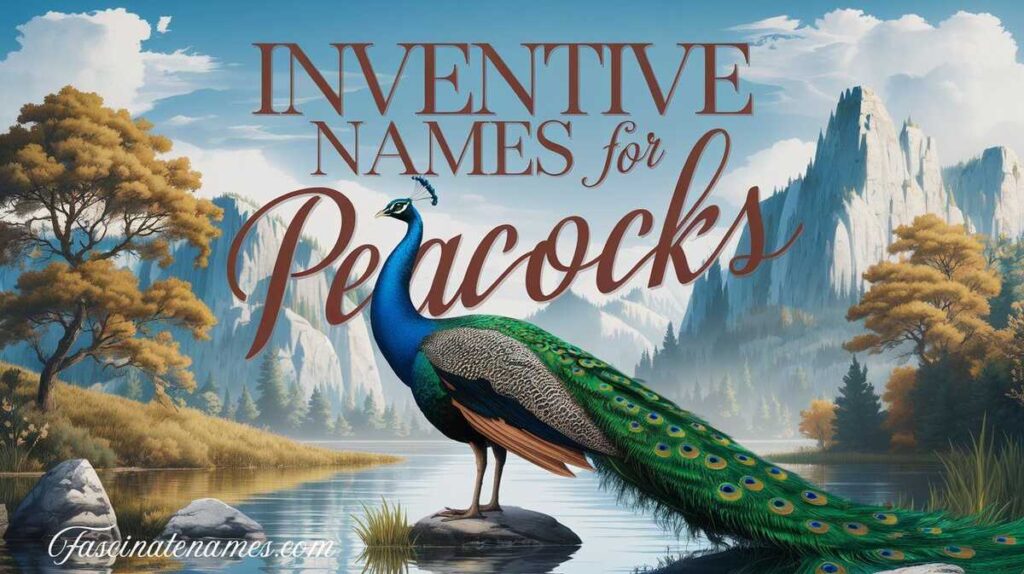 A creative display of unique and imaginative names for peacocks, showcasing their vibrant colors and elegance.