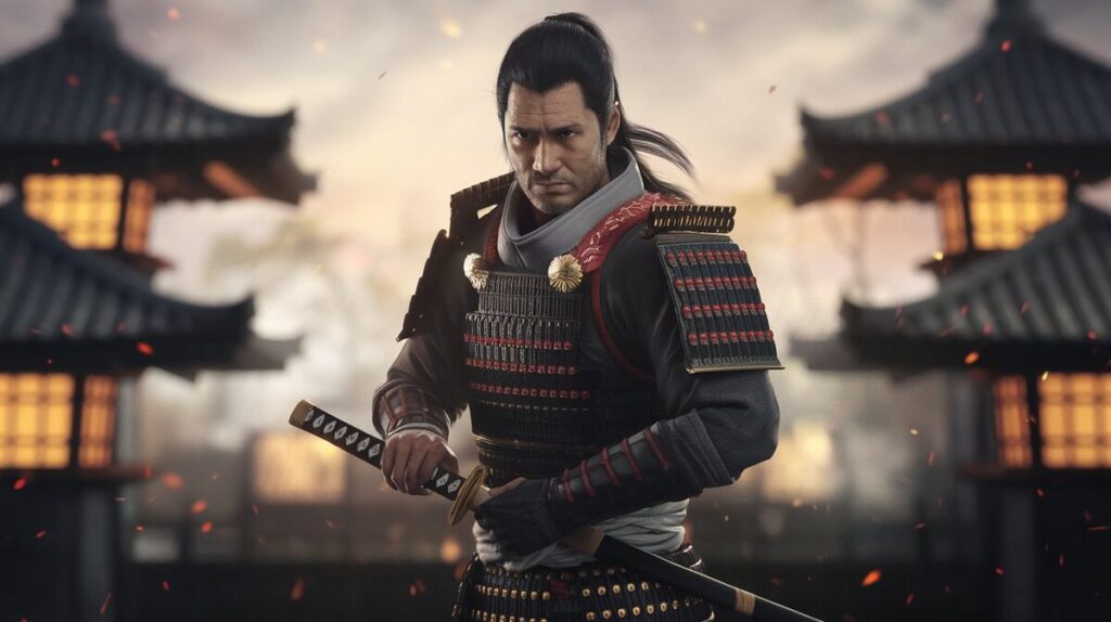 A samurai in full armor stands proudly in front of a traditional building, showcasing strength and honor.