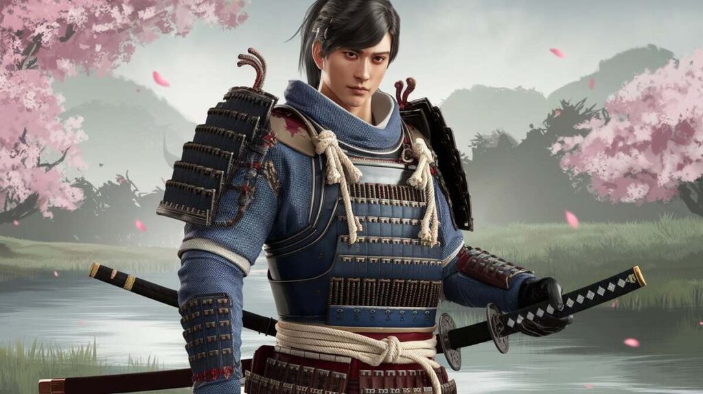 A samurai in traditional armor stands proudly by a flowing river, embodying strength and serenity in nature.