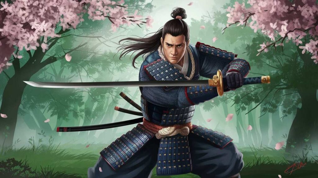 A samurai stands in a vibrant forest, surrounded by blooming flowers, embodying strength and tranquility in nature.