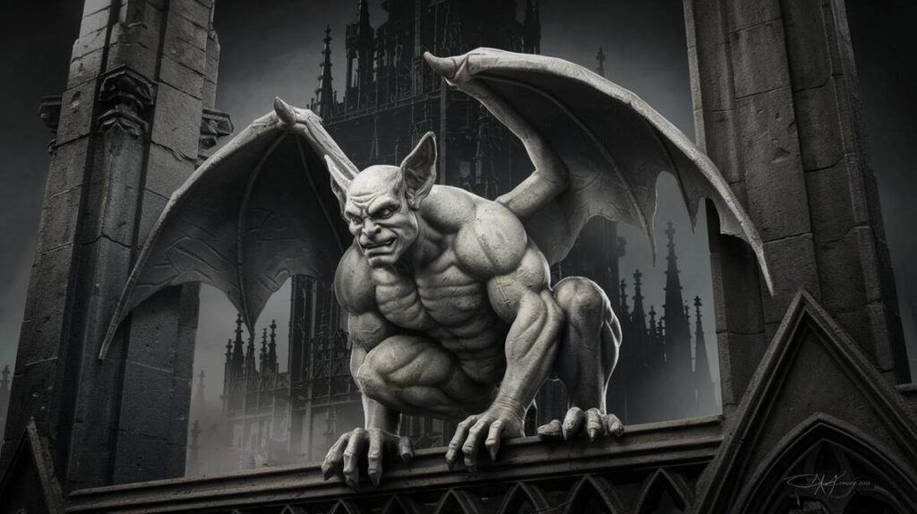 A close-up of intricate gargoyles perched on a gothic building, showcasing detailed stonework and dramatic architecture.
1. A close-up of intricate gargoyles perched on a gothic building, showcasing detailed stonework and dramatic architecture.