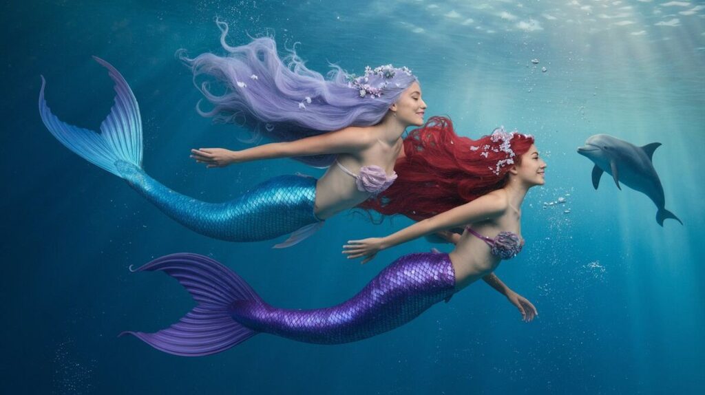 Two beautiful mermaids with flowing hair swim alongside a playful dolphin in sparkling blue water.
