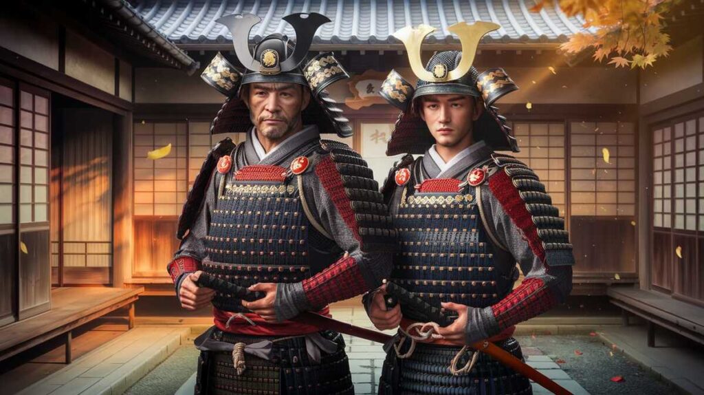 Two armored samurai stand side by side, showcasing their intricate armor and fierce expressions.