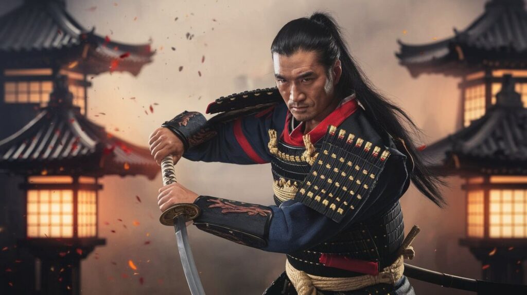 A fierce samurai in ornate armor, wielding a sword, with long flowing hair, ready for battle.