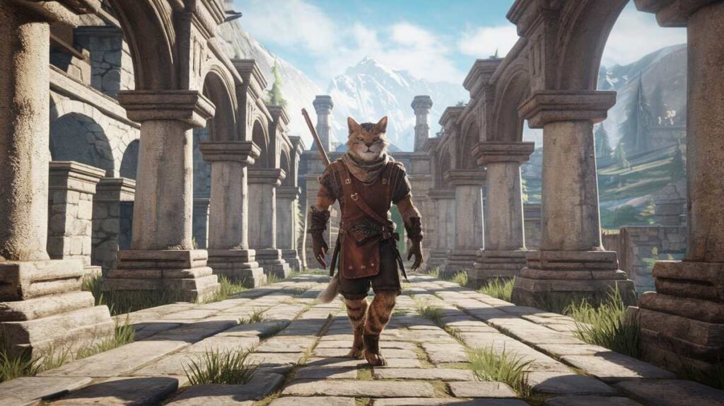 A Khajiit character from The Elder Scrolls Online, blending elements from The Witcher 3 in a vibrant fantasy setting.