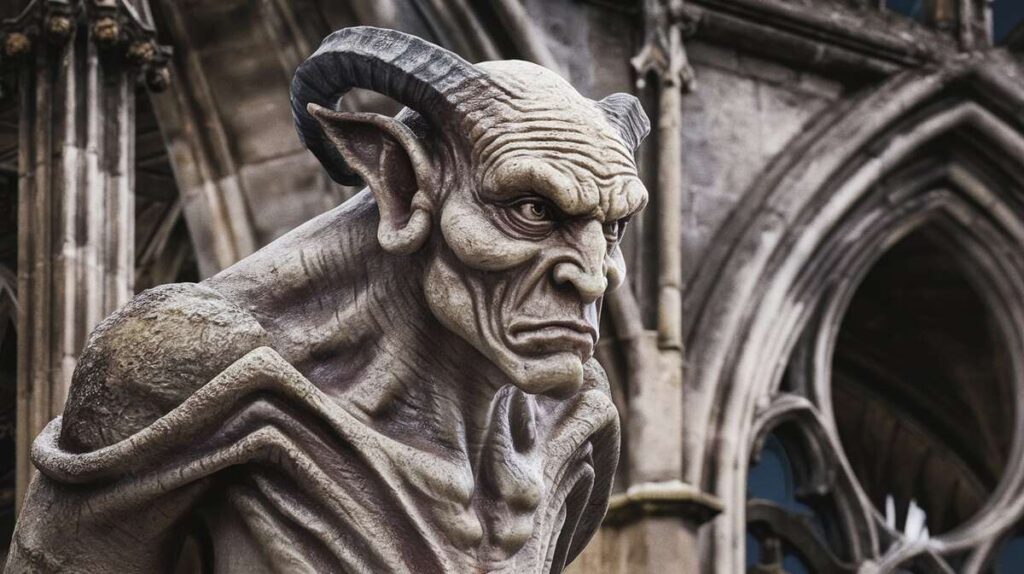 A striking gargoyle statue with prominent horns, capturing a menacing yet artistic presence in stone.