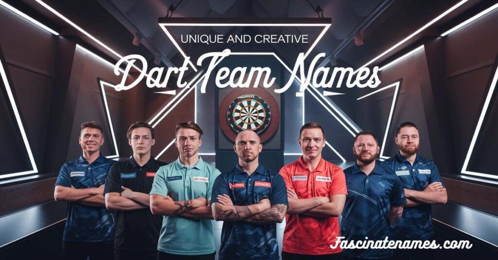 A creative display of various darts team names, showcasing vibrant colors and unique designs on a dartboard backdrop.