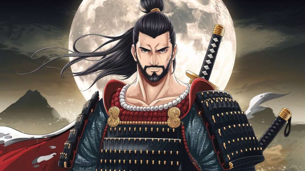 Anime samurai in armor, sword drawn, stands boldly against a glowing full moon backdrop.