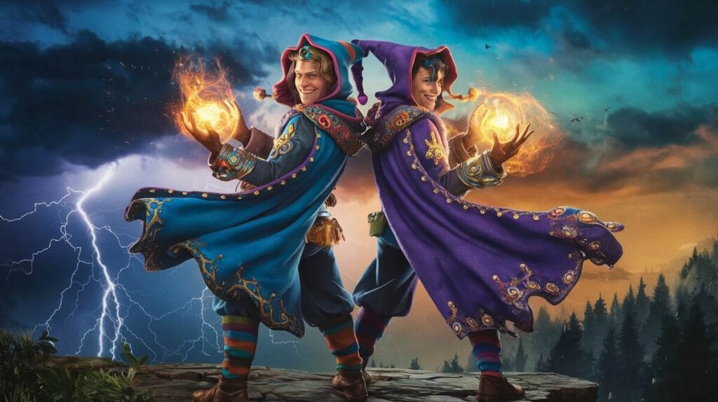 Two costumed individuals pose dramatically with lightning bolts in front of a majestic mountain backdrop.