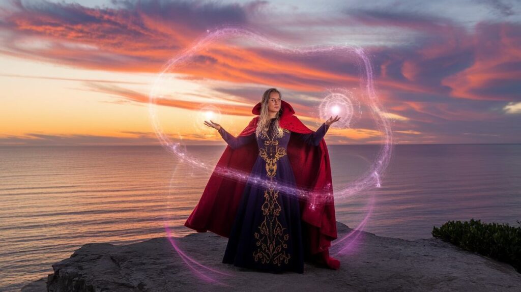 A woman in a striking red cloak and cape, confidently holding a magic wand, ready to cast a spell.