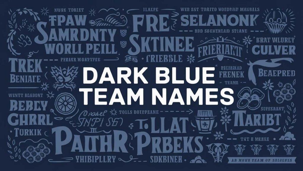 A graphic showcasing various dark blue team names in bold typography against a contrasting background.